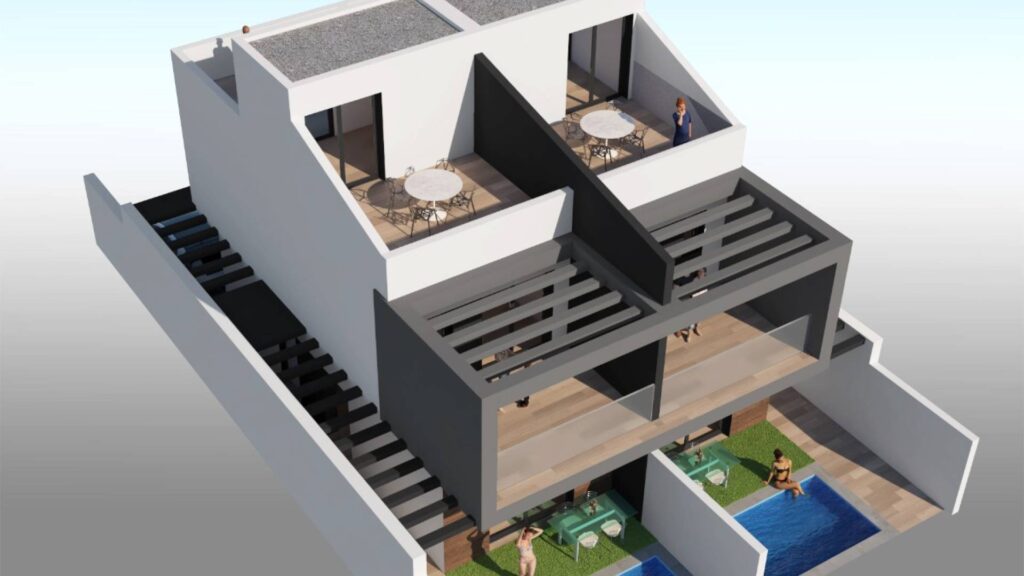 Villa en Santiago de la Ribera panorámica Imagen virtual aérea de las villas Estrella de la Ribera con la azotea solárium