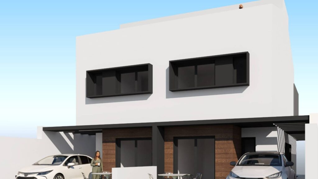 Villa en Santiago de la fachada 2 Imagen virtual de la fachada de acceso de las villas Estrella de la Ribera, con aparcamiento