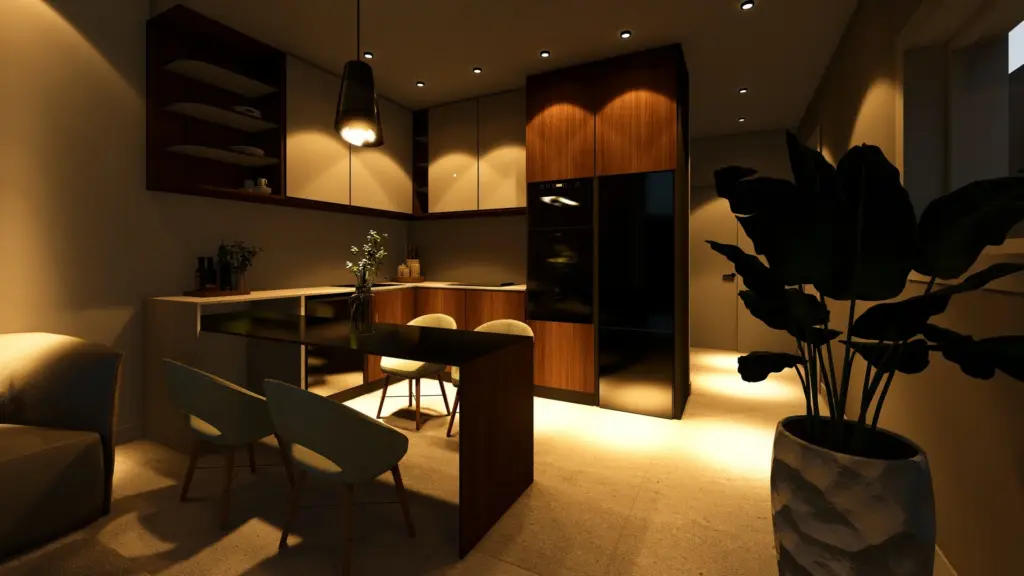 construccion veghug render 01 Imagen virtual de la cocina abierta con isla y zona de comedor