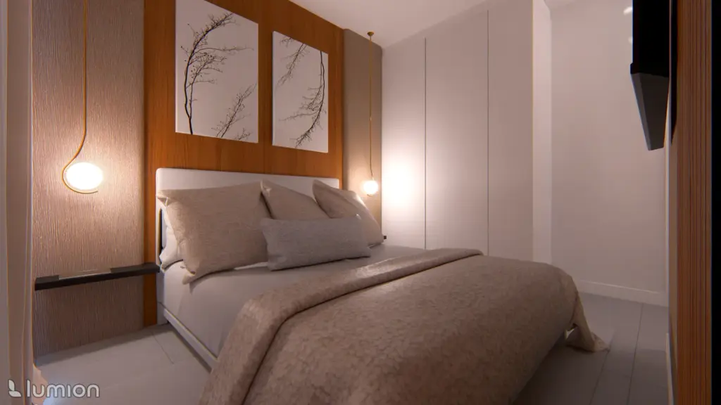 construccion veghug render 02 Imagen virtual del dormitorio principal con cabecero de madera y lámparas colgantes