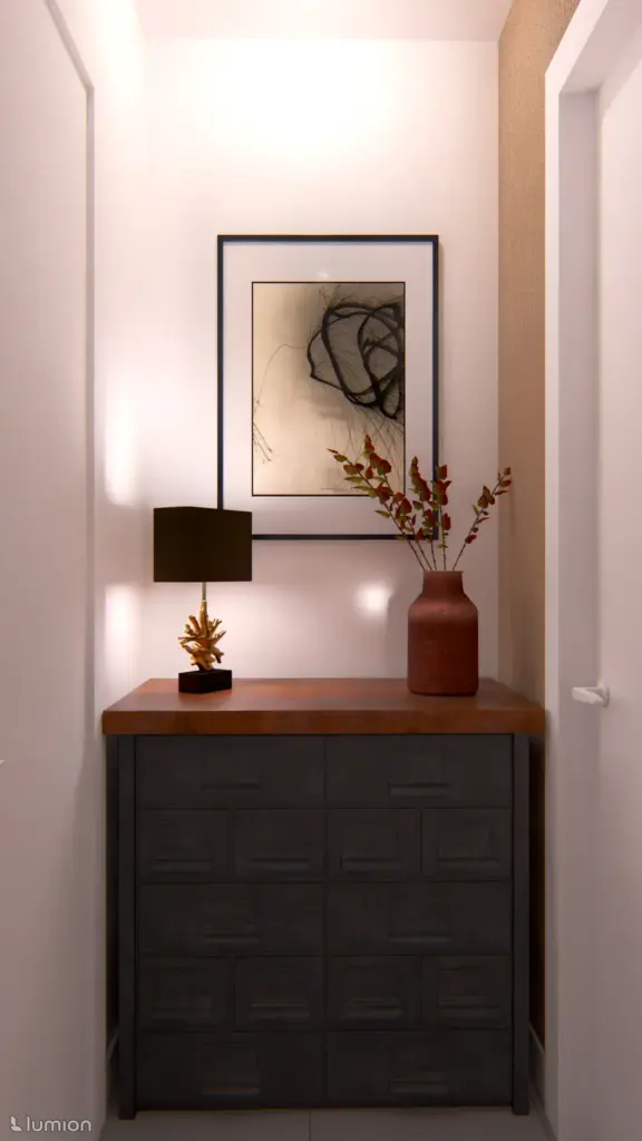 construccion veghug render 03 Imagen virtual del recibidor con cómoda de madera y lámina enmarcada