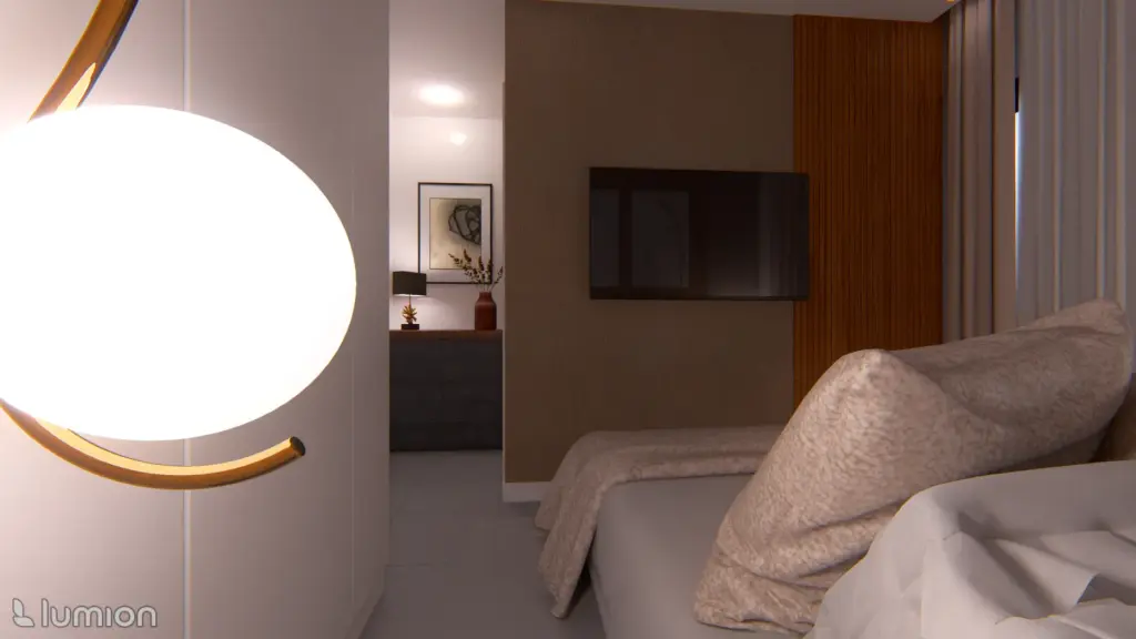 construccion veghug render 04 Imagen virtual de dormitorio con aplique circular de pared
