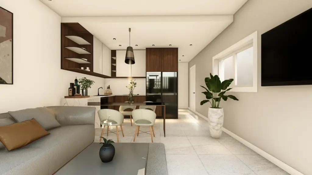 Imagen virtual del salón comedor en planta abierta con la cocina al fondo