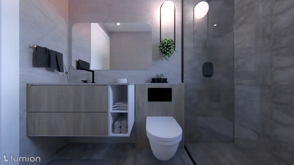 construccion veghug render 07 Imagen virtual de baño con mueble suspendido de madera clara y ducha