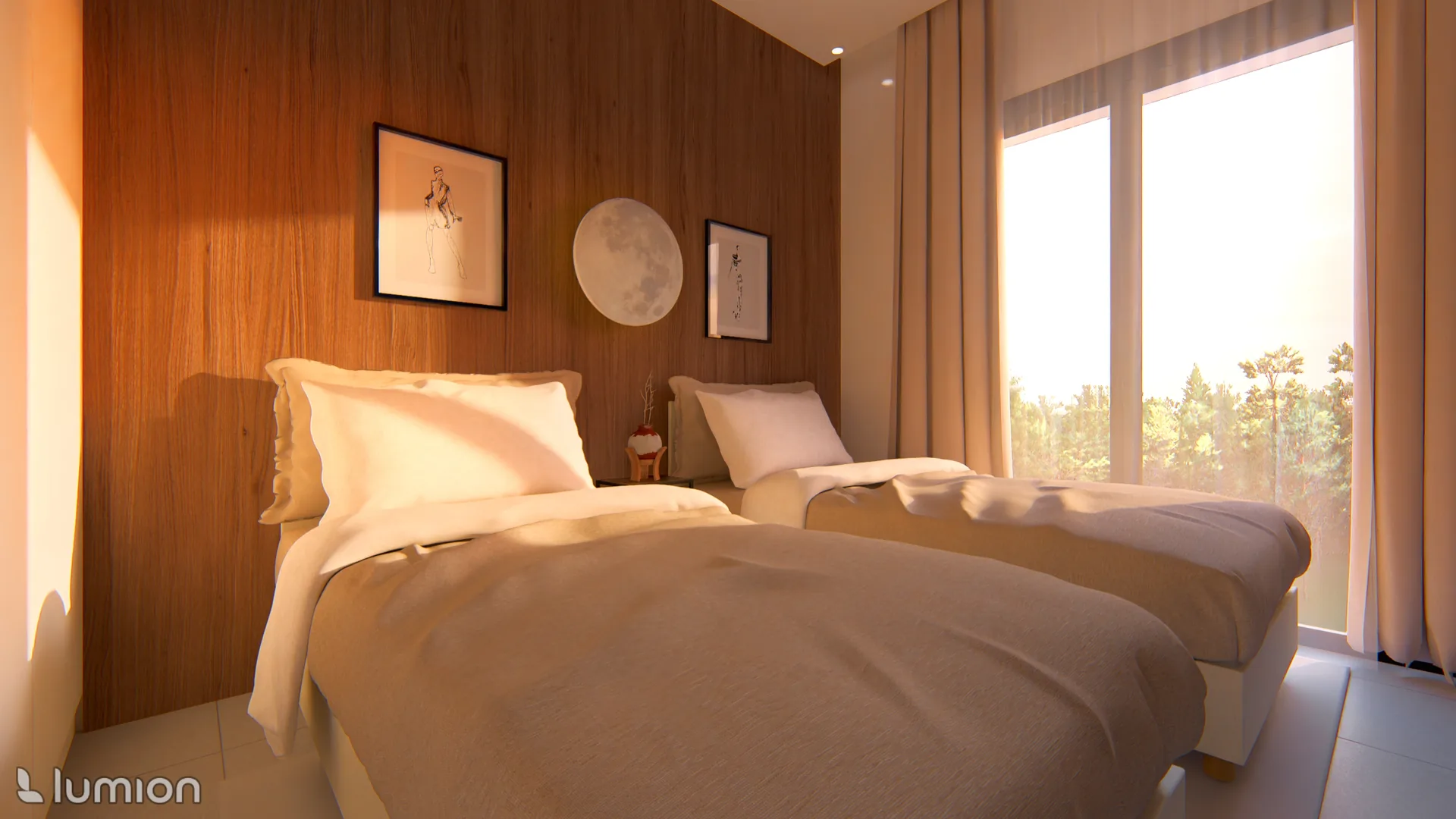 Imagen virtual de dormitorio de dos camas con ventanal al exterior