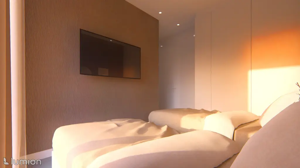 construccion veghug render 10 Imagen virtual de dormitorio doble con televisión e iluminación indirecta