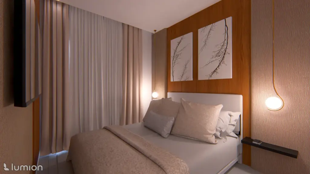 construccion veghug render 11 Imagen virtual de dormitorio con cabecero de madera y apliques colgantes