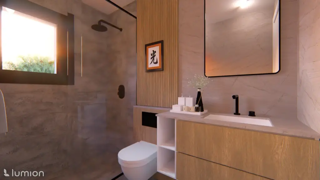 construccion veghug render 12 Imagen virtual de baño con ducha a ras de suelo y mueble de madera