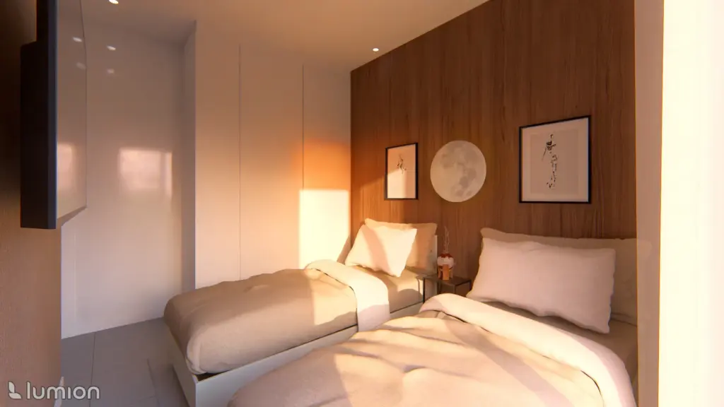 construccion veghug render 13 Imagen virtual de dormitorio de dos camas con panelado de madera
