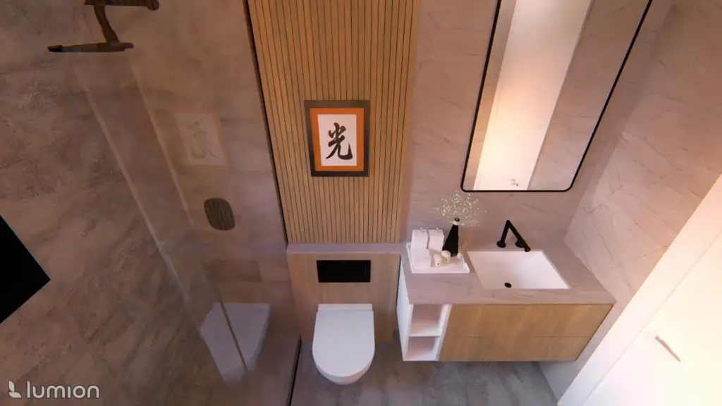 construccion veghug render 14 Imagen virtual de baño con ducha, inodoro suspendido y lavabo